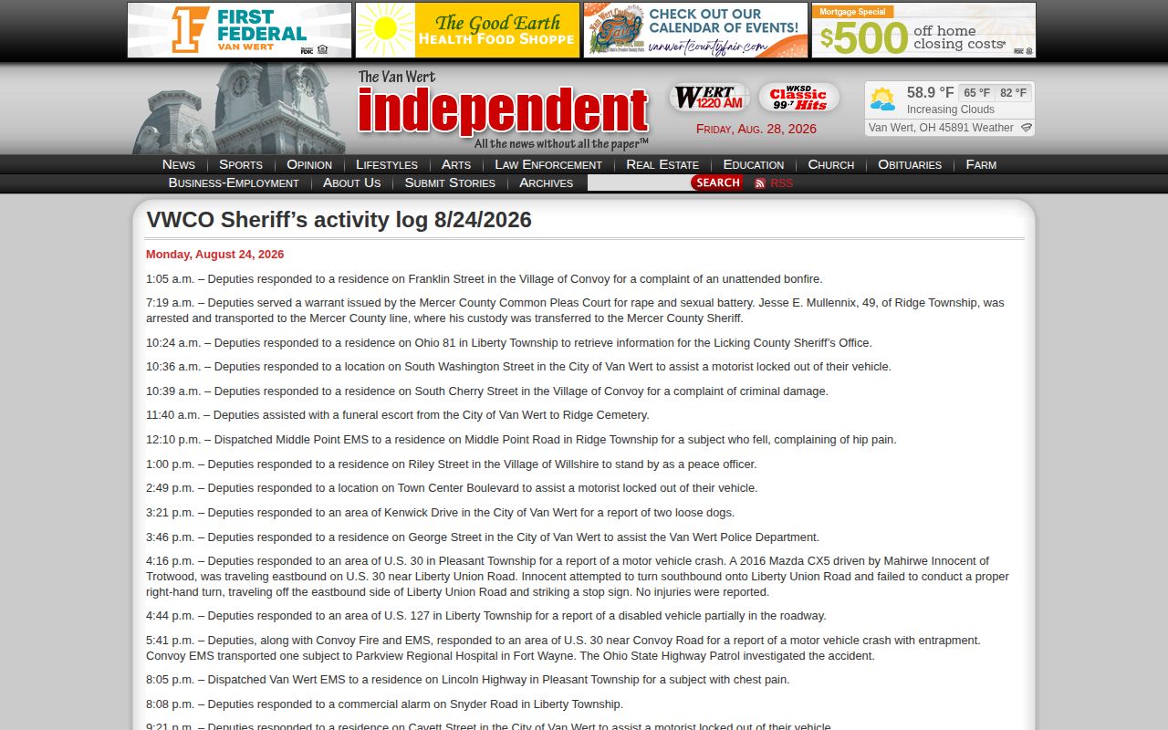 Convoy-area arrest-record context in a Sheriff activity log