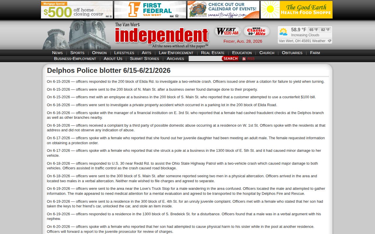Delphos police arrest-record context in a weekly news blotter