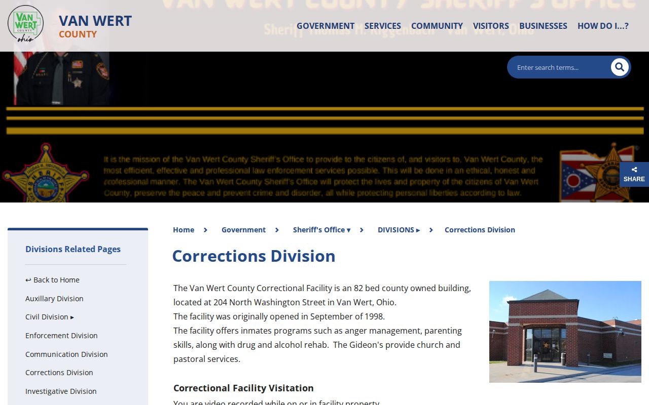 Van Wert County Correctional Facility information on the official Corrections Division page