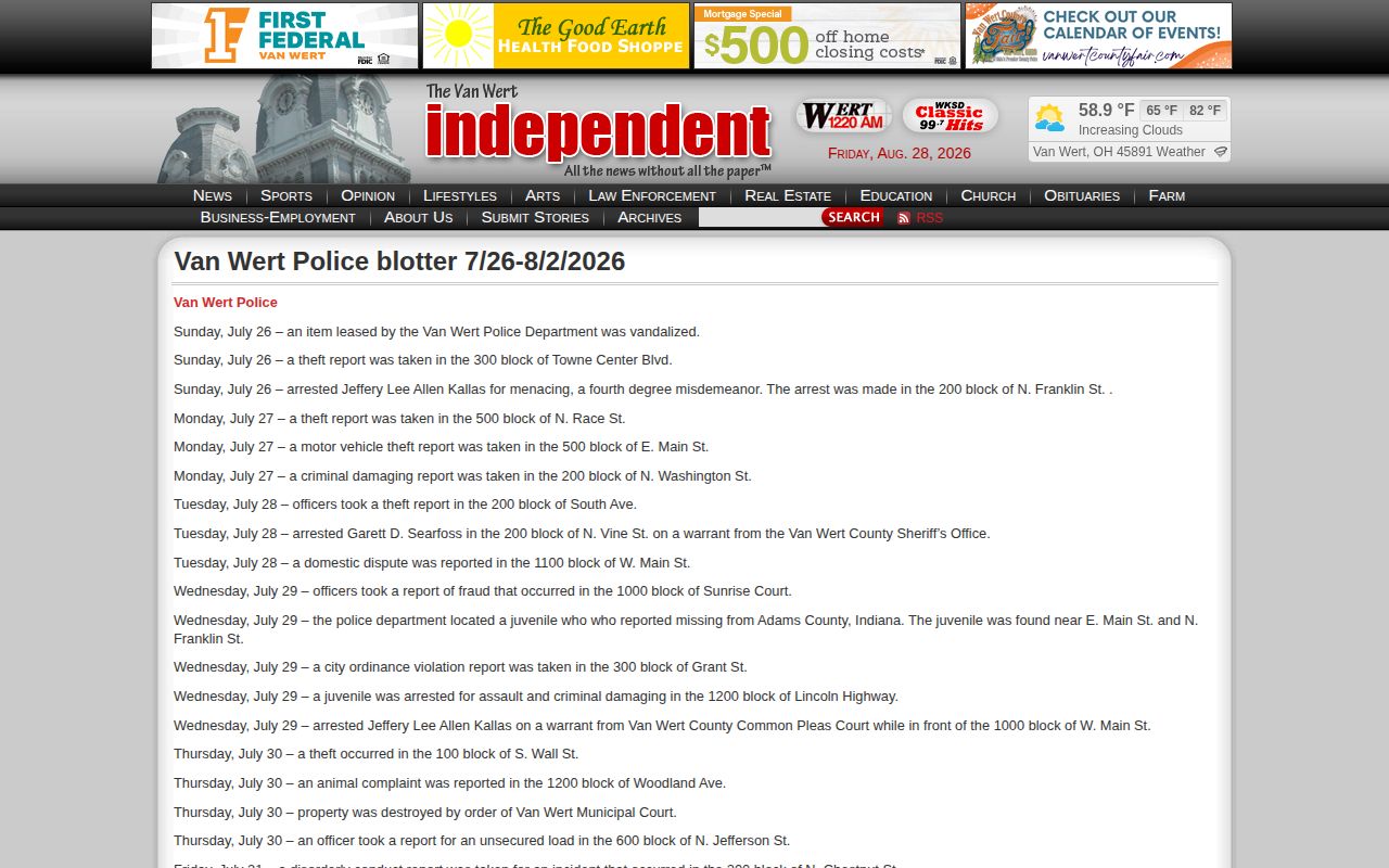 Van Wert arrest-record reporting in a weekly police blotter